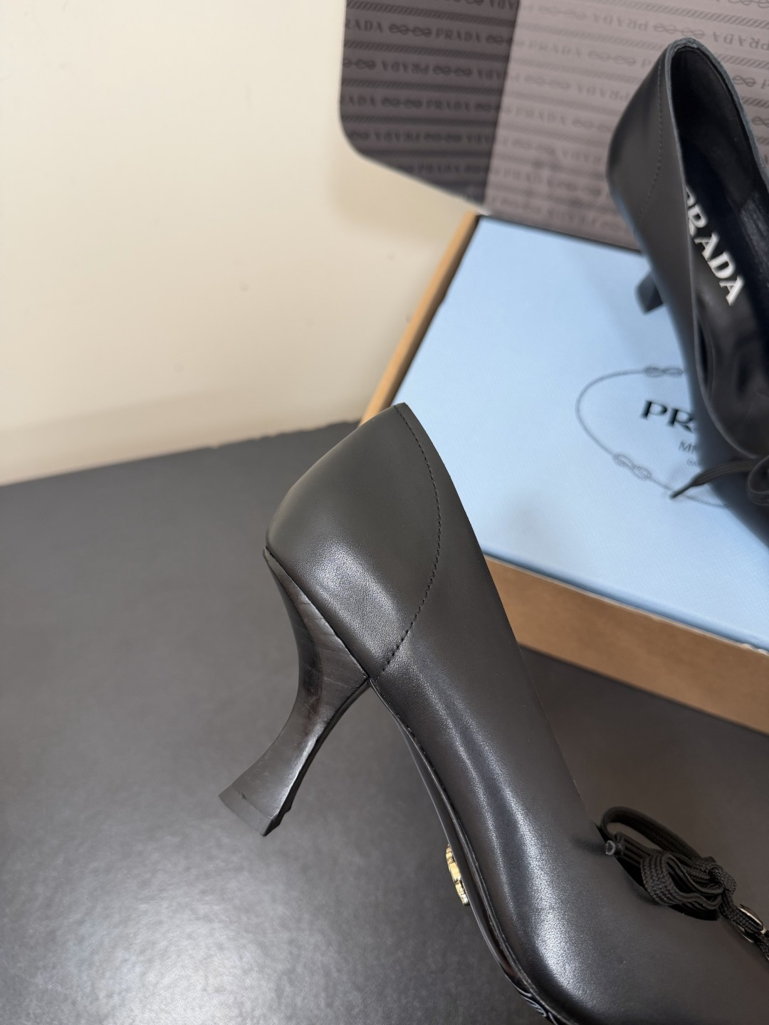 Prada Metal Lace-Up Bow Pointed-Toe Kitten Heels