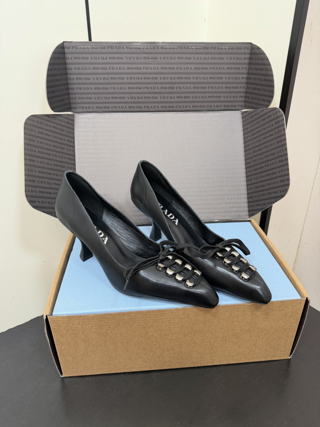 Prada Metal Lace-Up Bow Pointed-Toe Kitten Heels