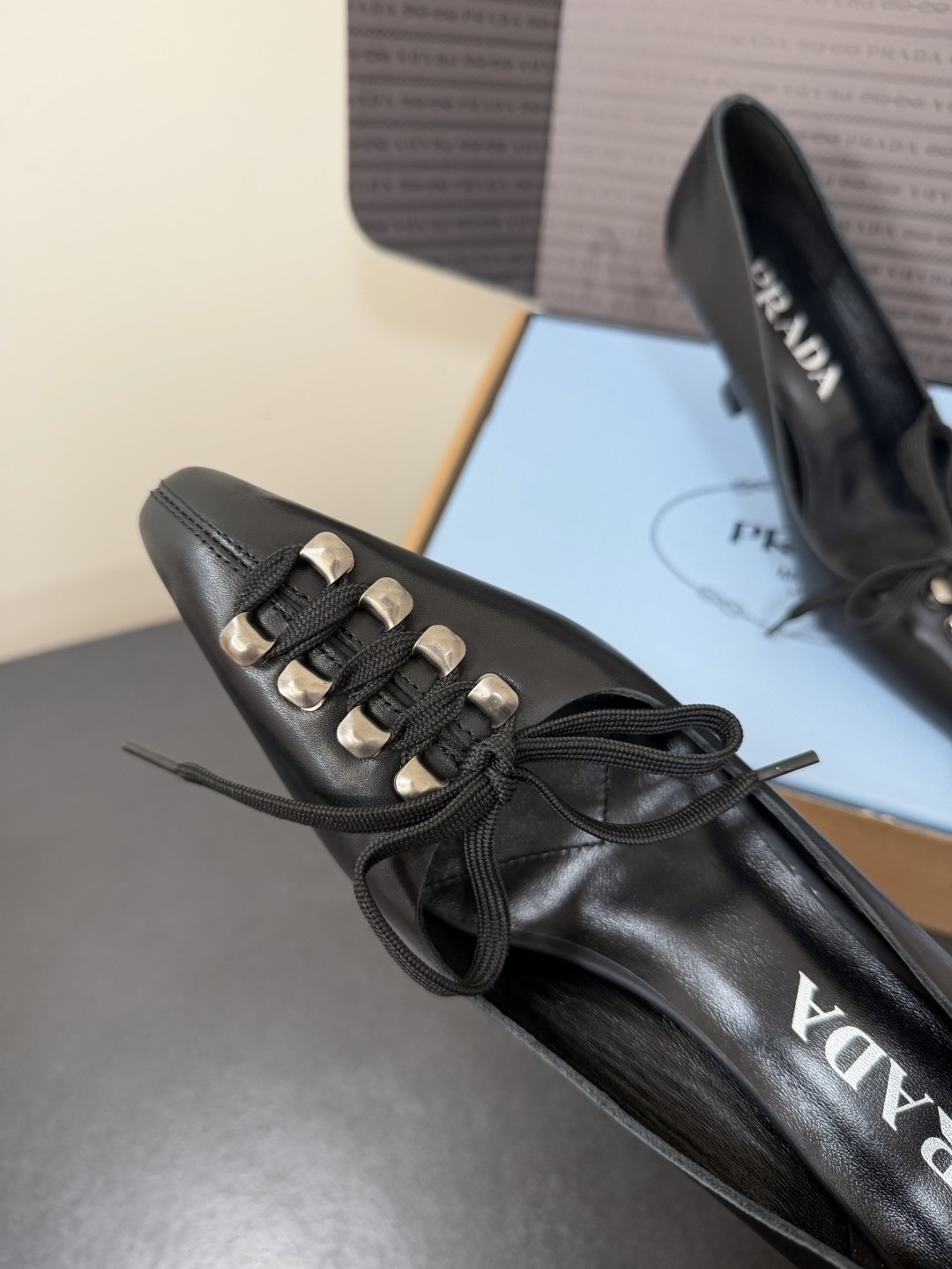 Prada Metal Lace-Up Bow Pointed-Toe Kitten Heels