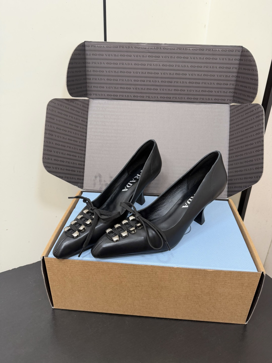 Prada Metal Lace-Up Bow Pointed-Toe Kitten Heels