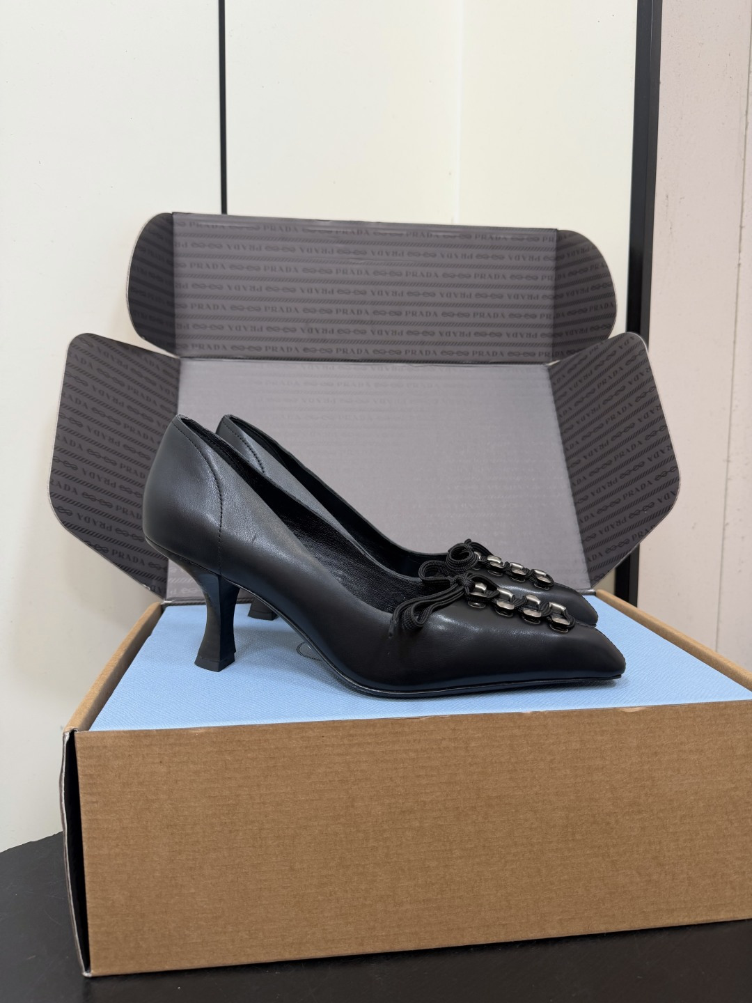 Prada Metal Lace-Up Bow Pointed-Toe Kitten Heels