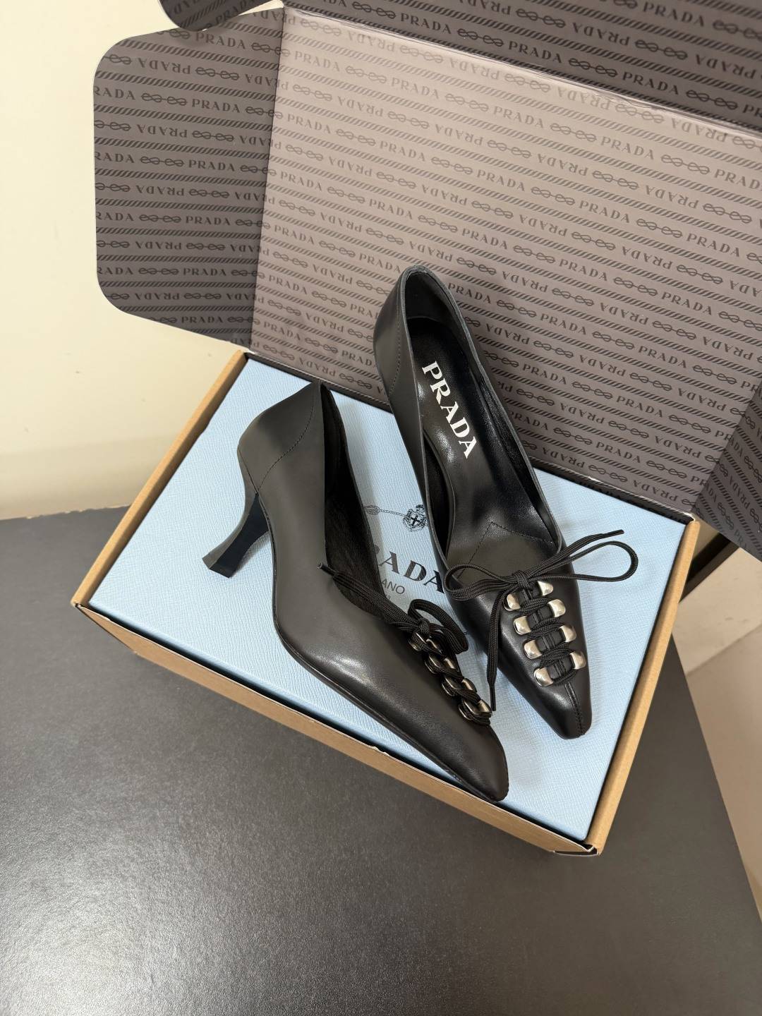 Prada Metal Lace-Up Bow Pointed-Toe Kitten Heels