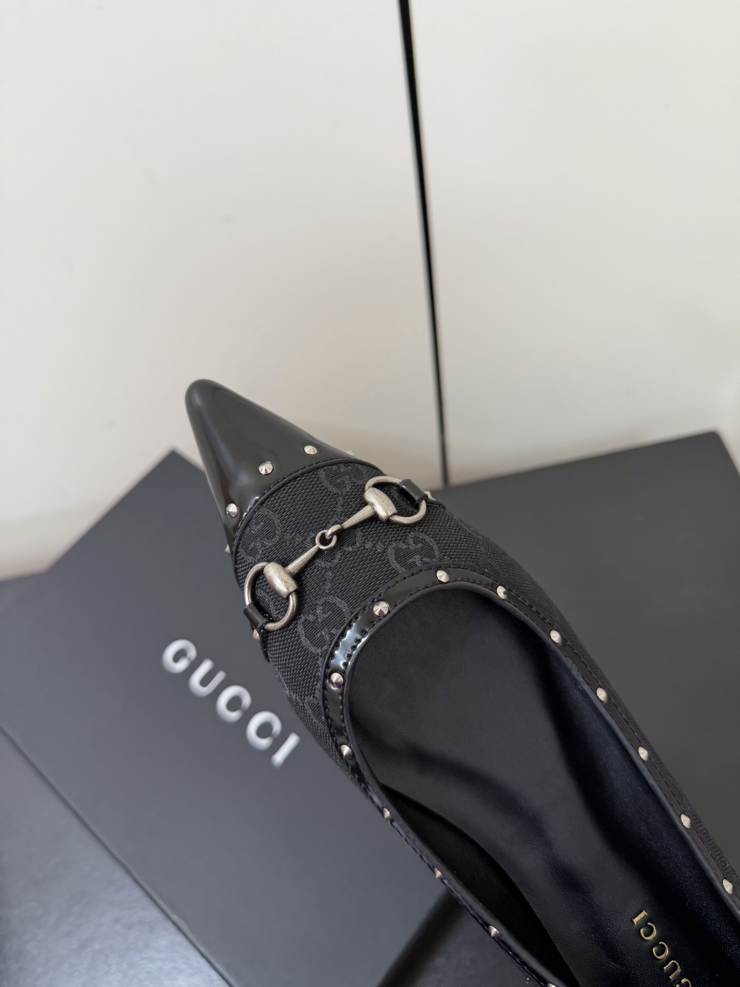 Gucci GG Canvas Stud Horsebit Pointed Flat Pumps