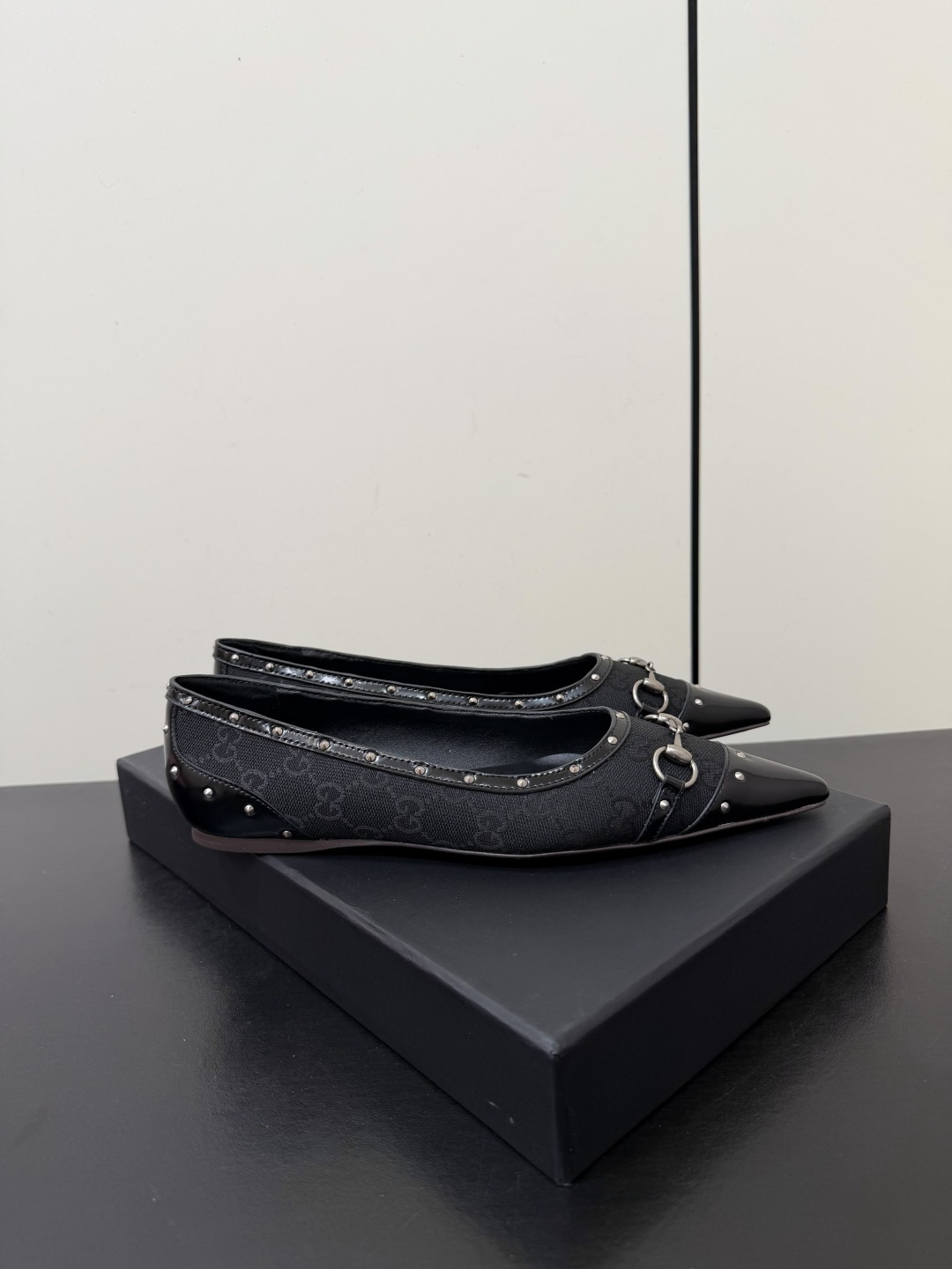 Gucci GG Canvas Stud Horsebit Pointed Flat Pumps