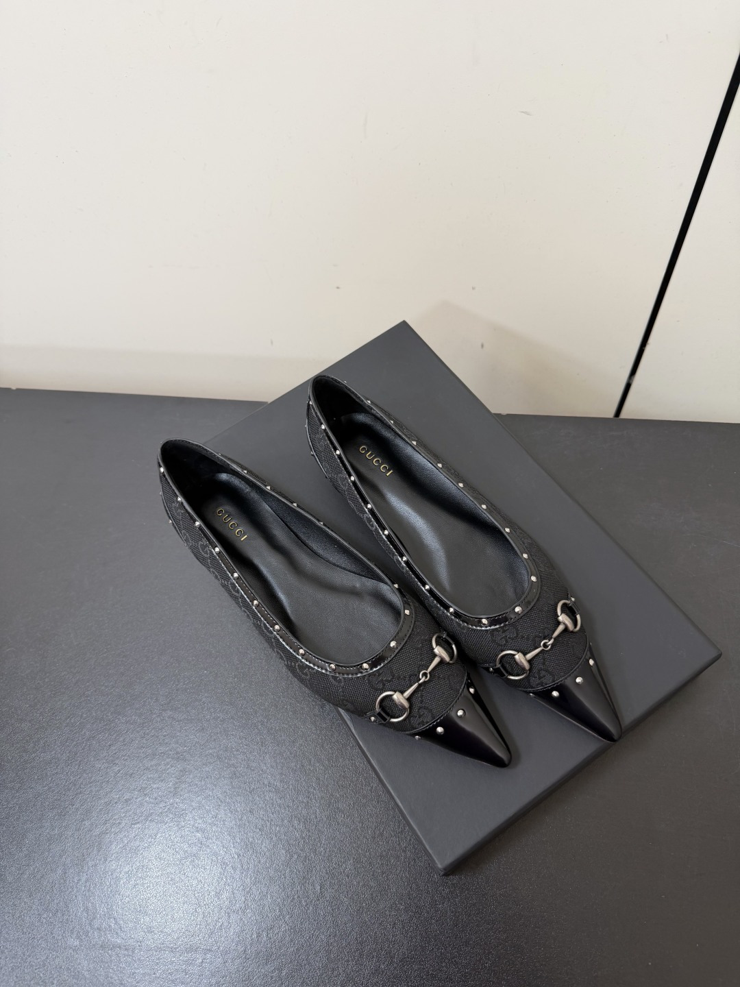 Gucci GG Canvas Stud Horsebit Pointed Flat Pumps