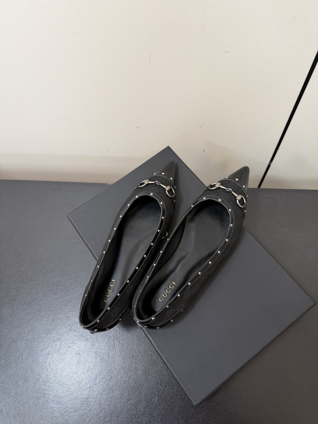 Gucci GG Canvas Stud Horsebit Pointed Flat Pumps