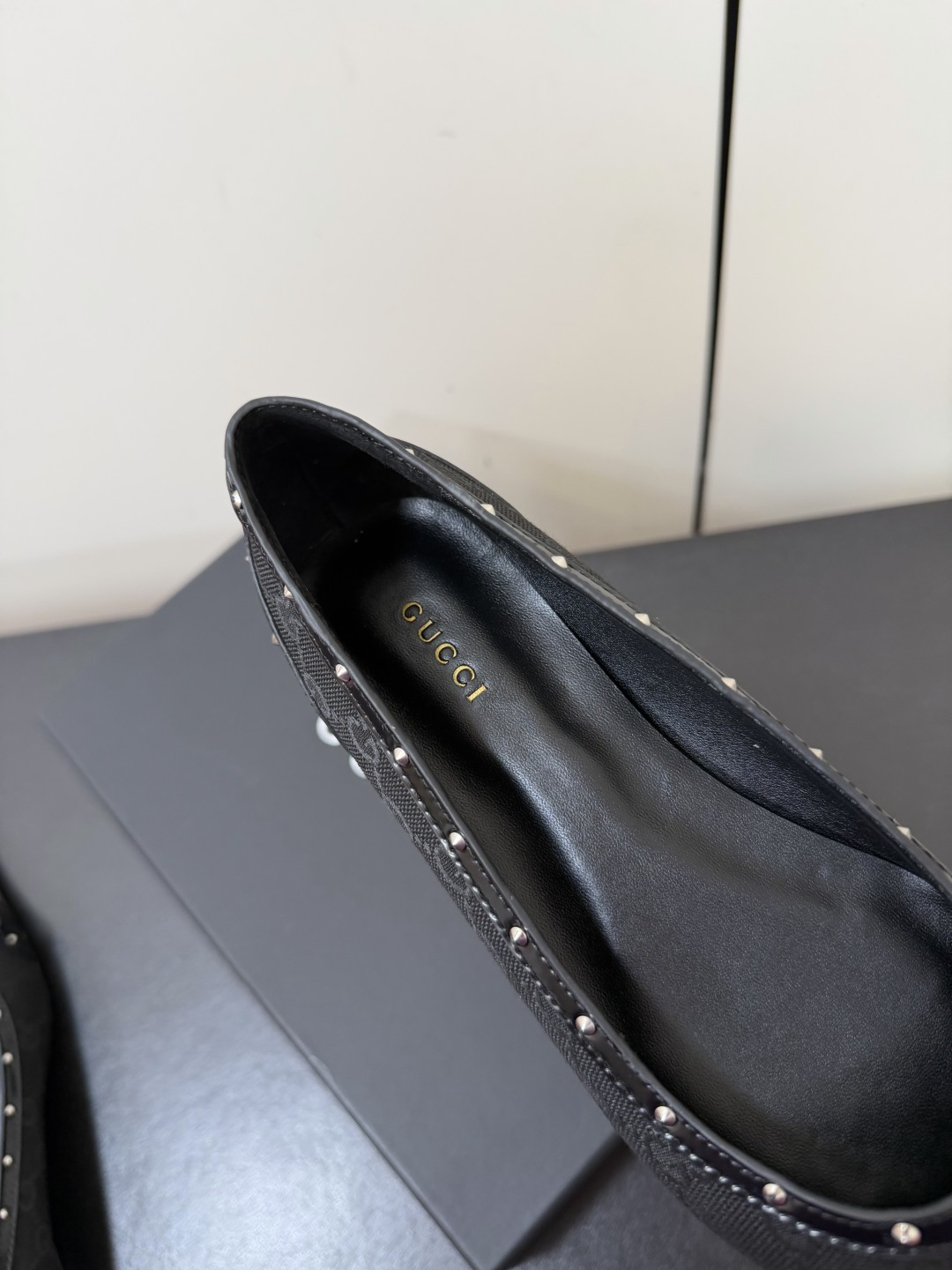 Gucci GG Canvas Stud Horsebit Pointed Flat Pumps