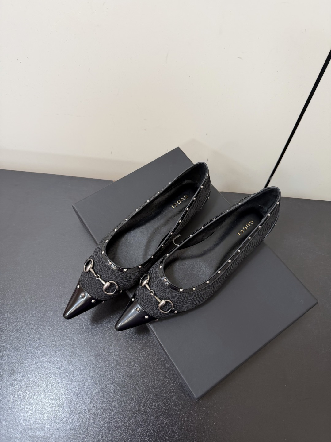 Gucci GG Canvas Stud Horsebit Pointed Flat Pumps