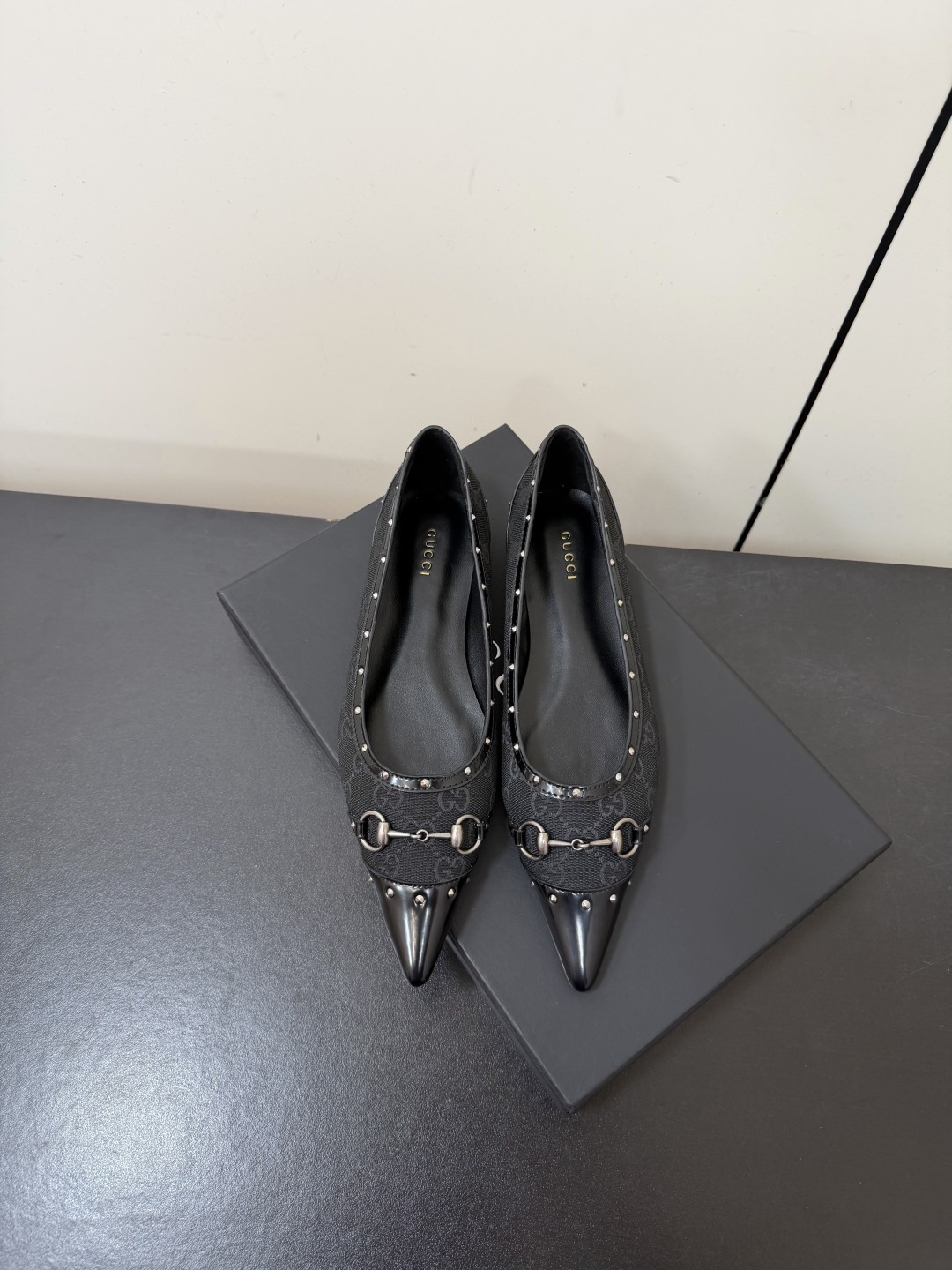 Gucci GG Canvas Stud Horsebit Pointed Flat Pumps
