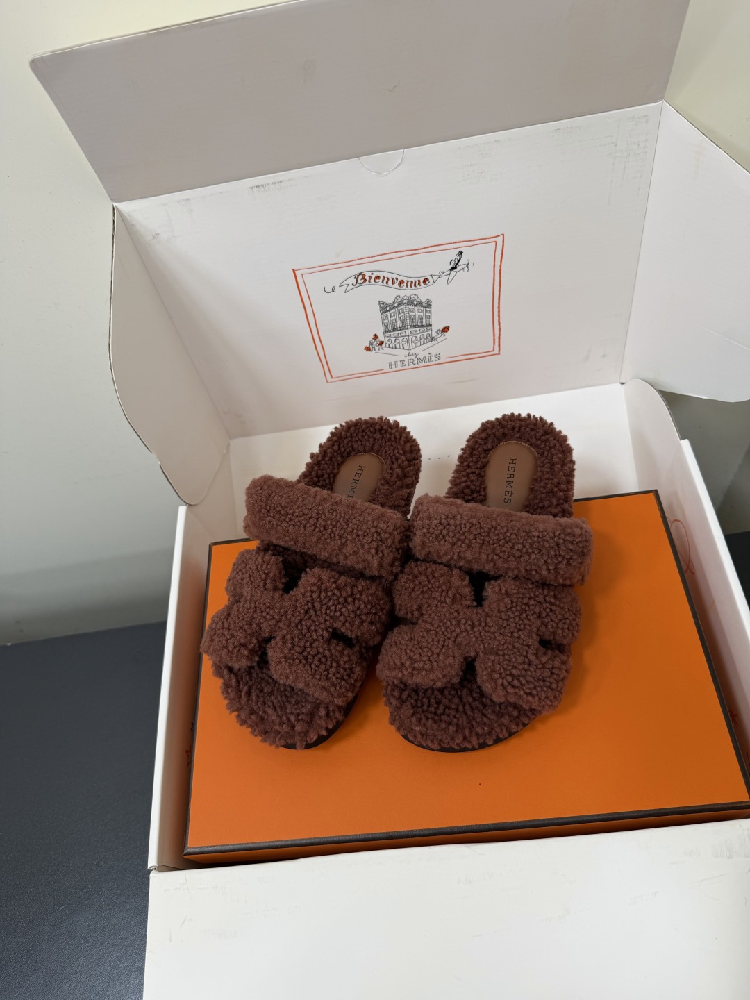 Hermes Brown Fuzzy H Slide Sandals