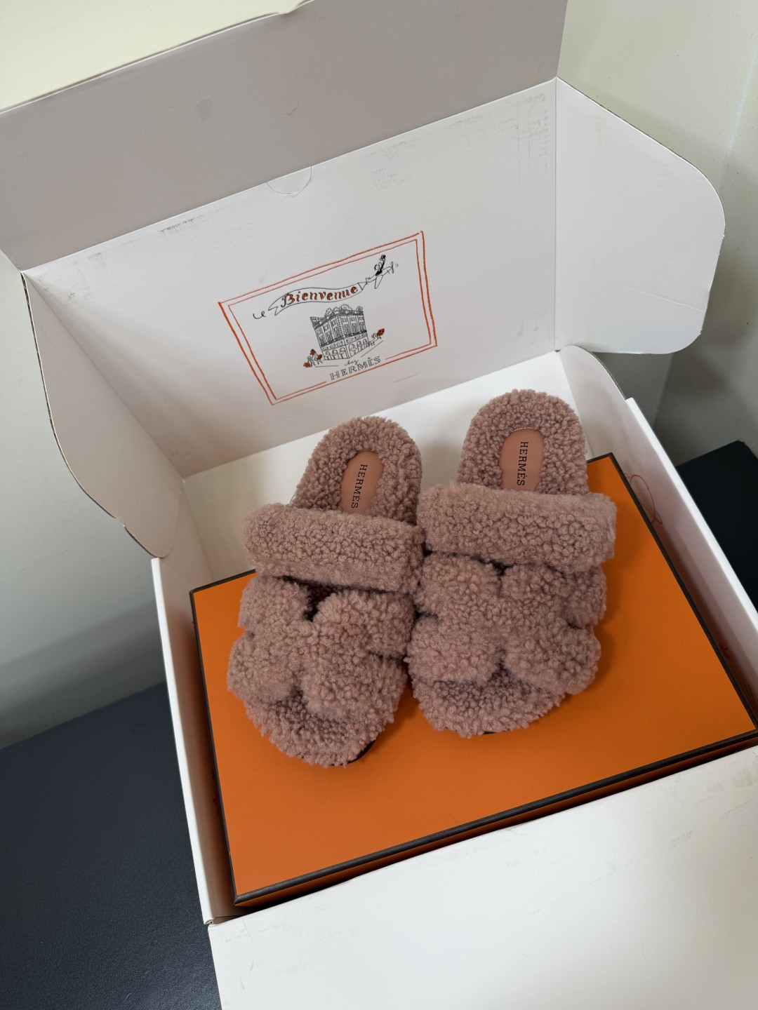 Hermes Pink Fuzzy H Slide Sandals