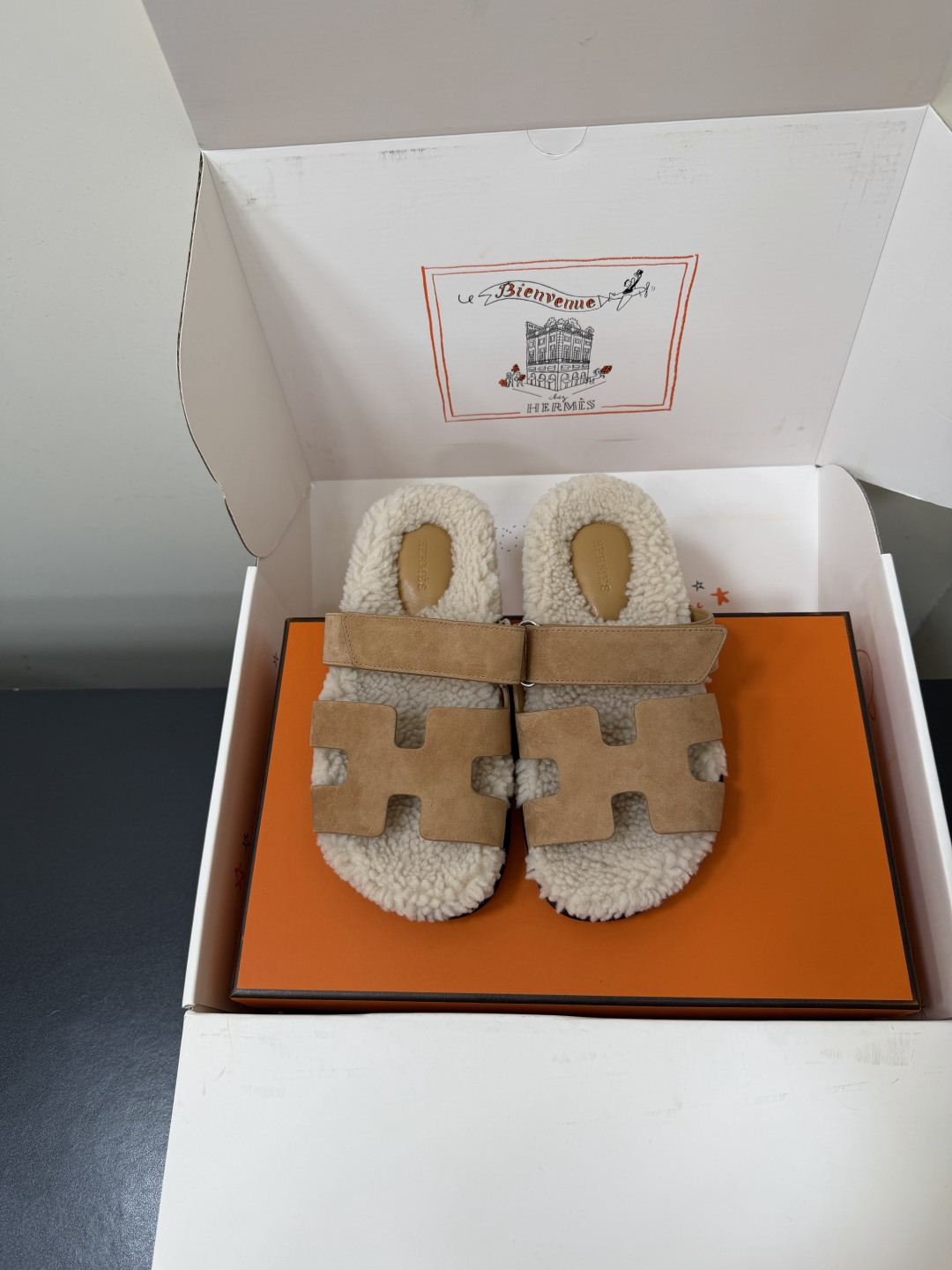 Hermes Tan Fuzzy H Slide Sandals