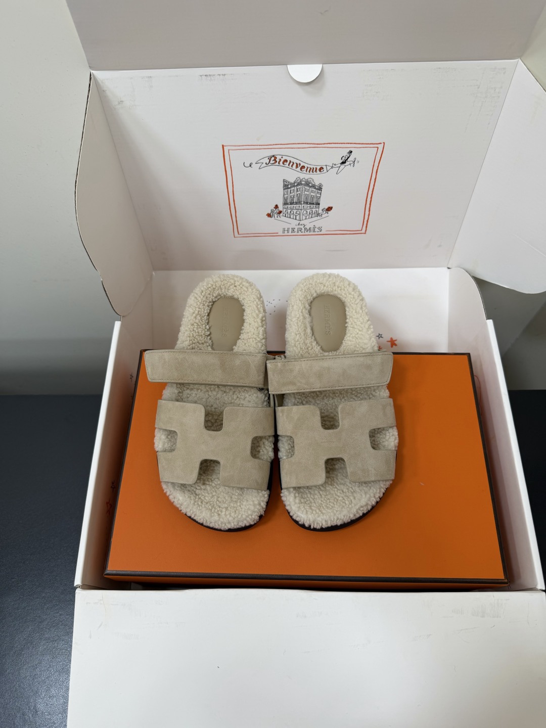 Hermes Beige Fuzzy H Slide Sandals