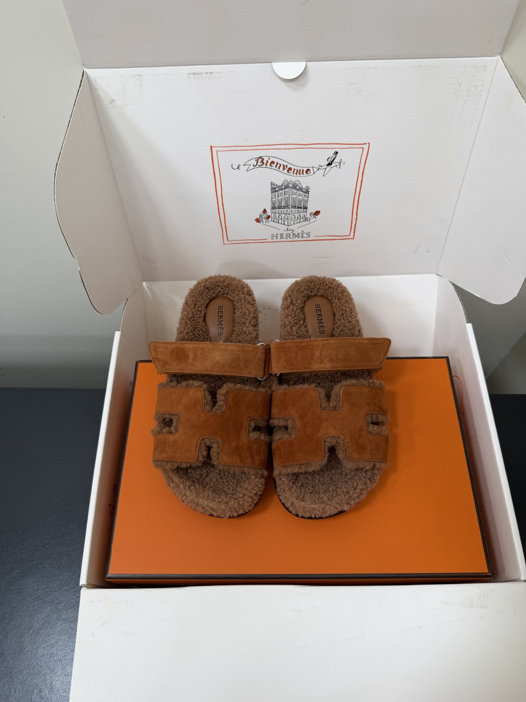 Hermes Brown Fuzzy H Slide Sandals