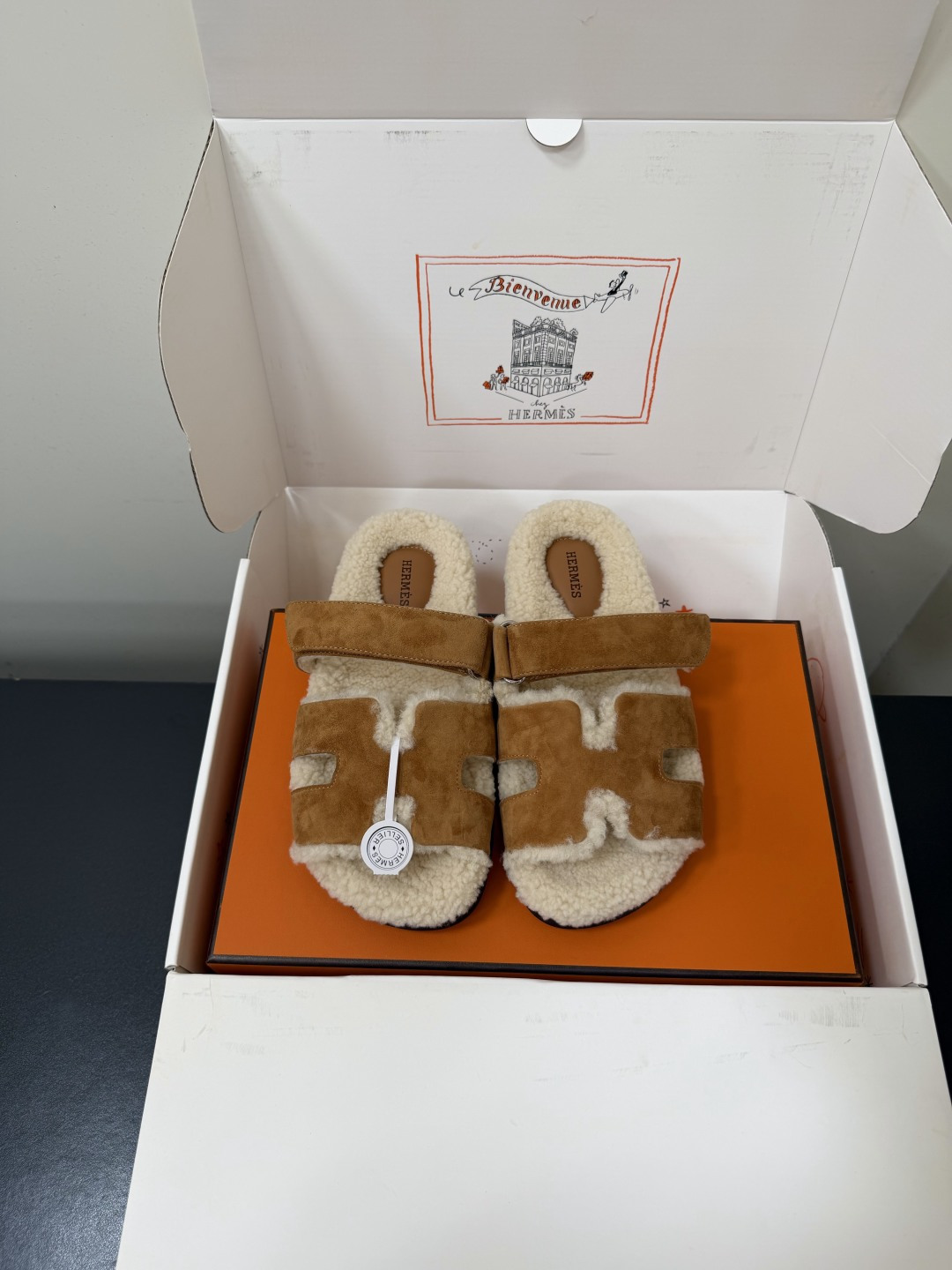 Hermes Tan Fuzzy Footbed H Slide Sandals