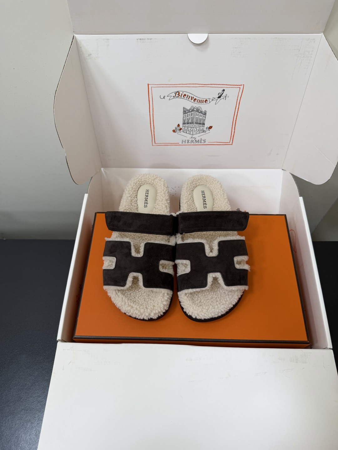 Hermes Black Fuzzy Footbed H Slide Sandals