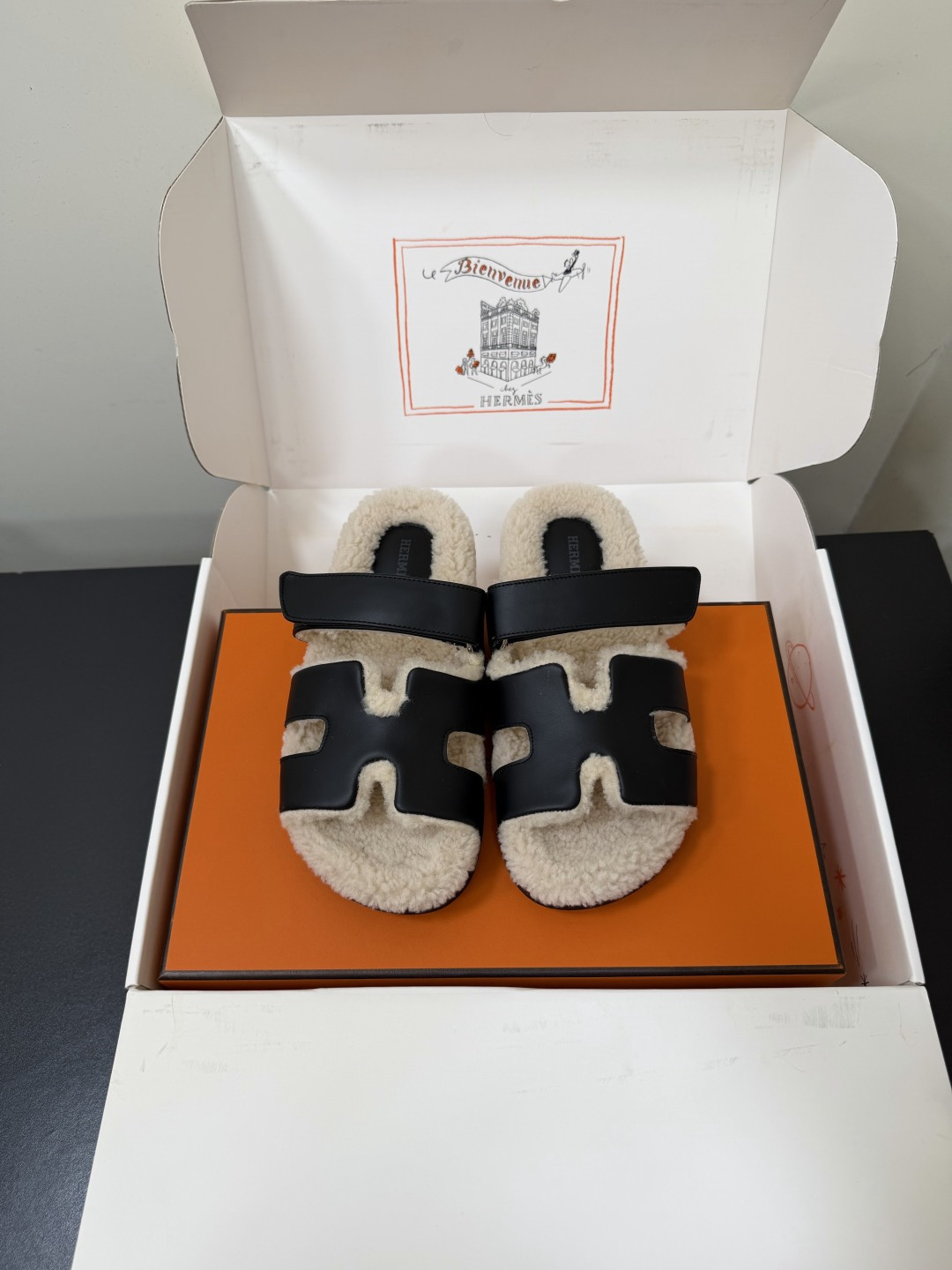 Hermes Black Fuzzy Footbed H Slide Sandals