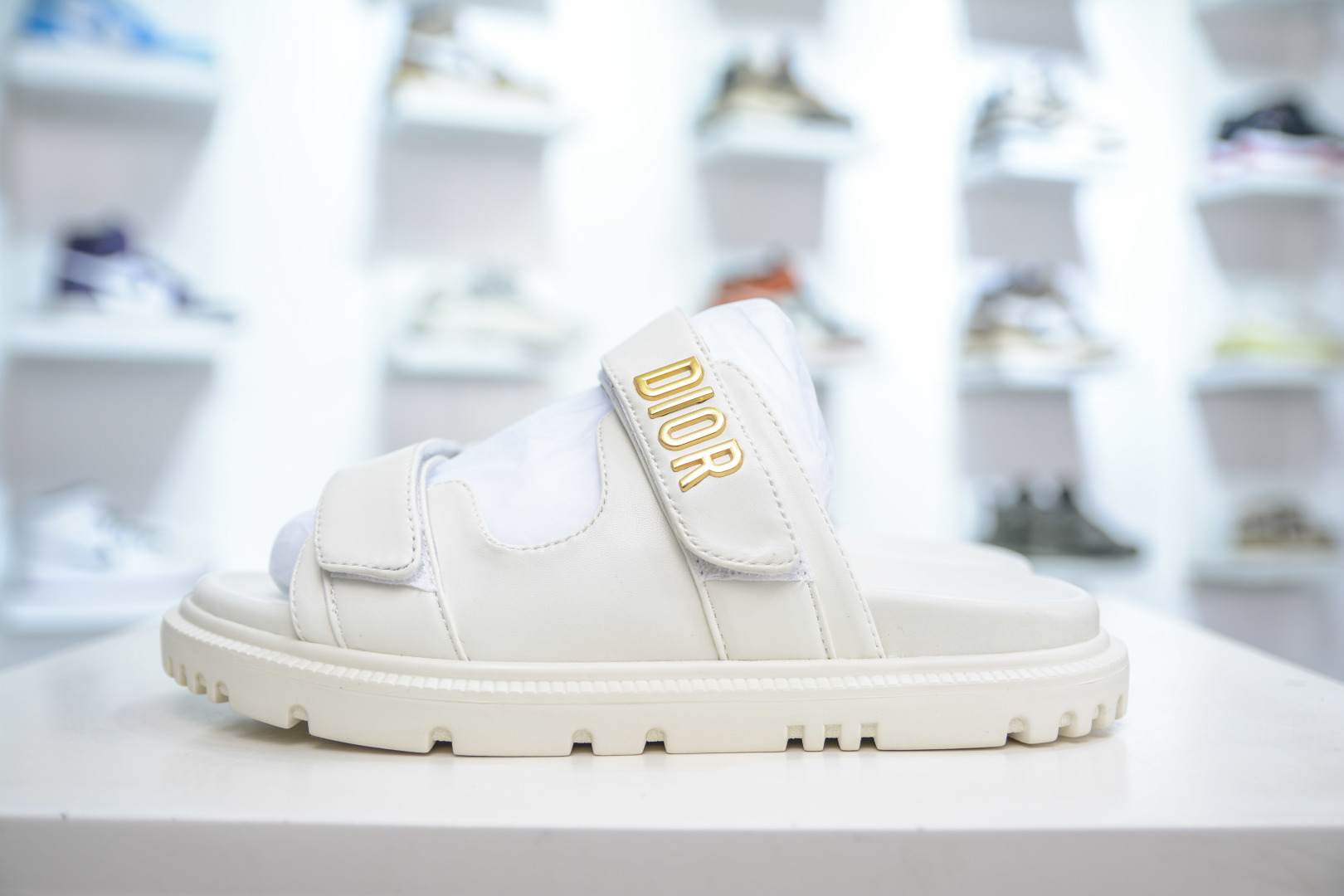 Dior Act White Lambskin Sandals Slides with Gold-Finish Metal Details