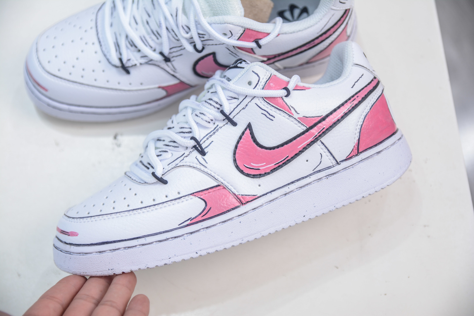 Nike Court Vision Low White/Pink Hand-Painted Graffiti Casual Sneakers 8 cmp i1756140014256 5820 0 6