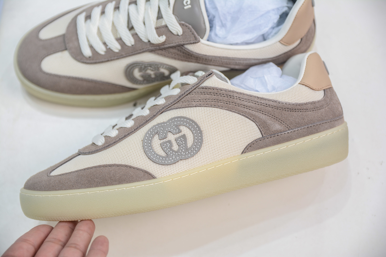 Gucci G75 Round Toe Lace-Up Sneakers in Beige Suede with GG Logo 8 cmp i1756835203518 8801 0 6