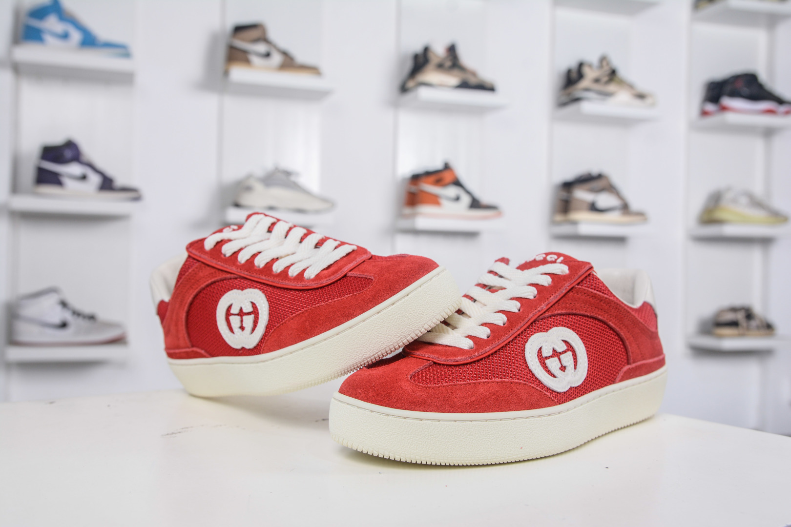 Gucci G75 Round Toe Lace-Up Sneakers in Red Suede with GG Canvas Trim 5 cmp i1757198929500 9524 0 3
