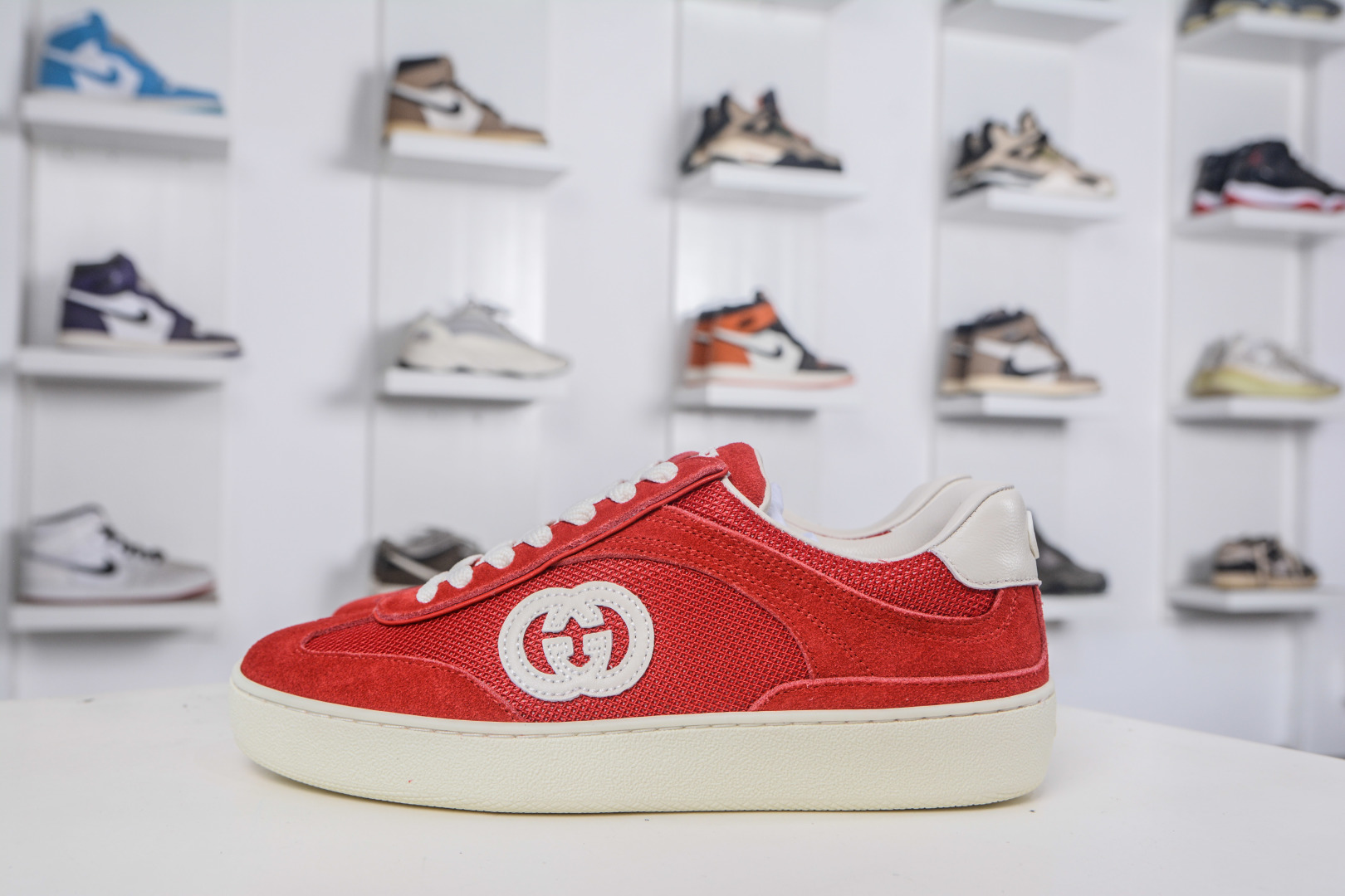 Gucci G75 Round Toe Lace-Up Sneakers in Red Suede with GG Canvas Trim 2 cmp i1757198929501 6844 0 0
