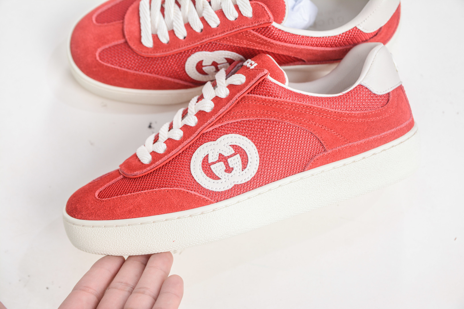 Gucci G75 Round Toe Lace-Up Sneakers in Red Suede with GG Canvas Trim 8 cmp i1757198930704 9670 0 6
