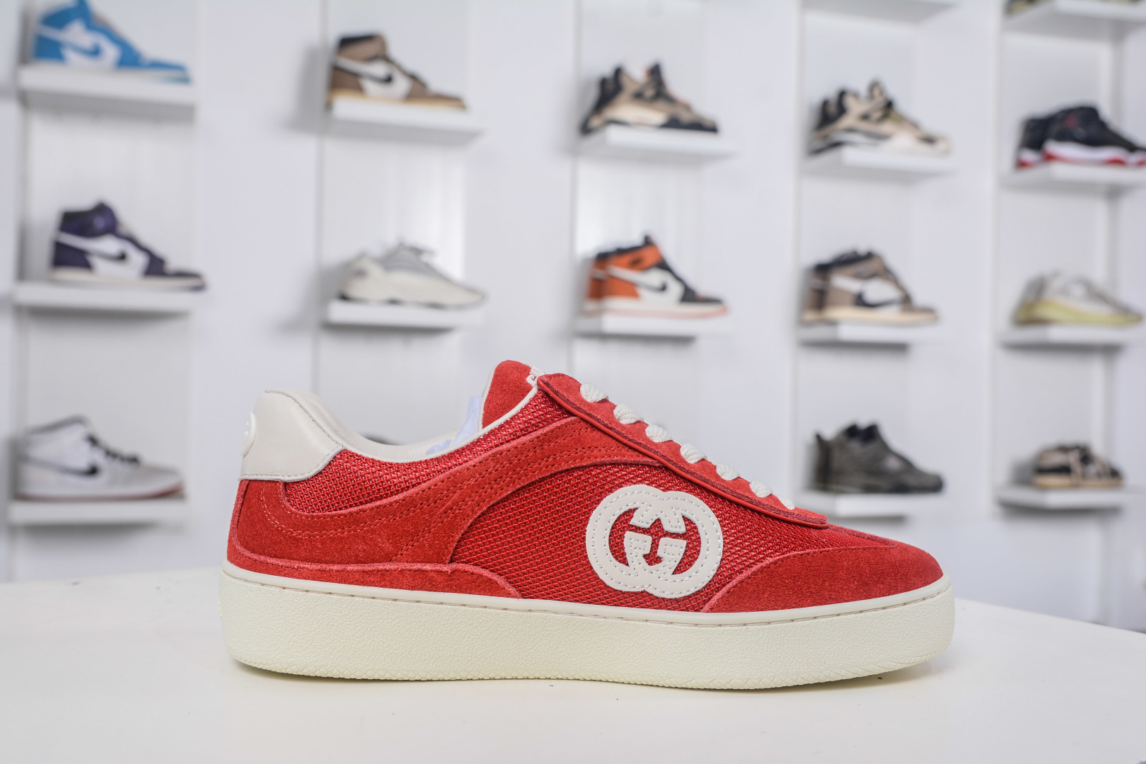 Gucci G75 Round Toe Lace-Up Sneakers in Red Suede with GG Canvas Trim 4 cmp i1757198930712 6880 0 2