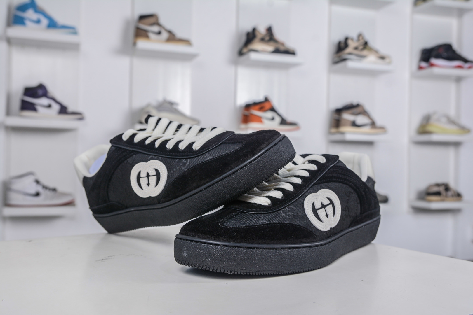 Gucci G75 Round Toe Lace-Up Sneakers in Black Suede with GG Canvas 5 cmp i1757198984755 2502 0 3