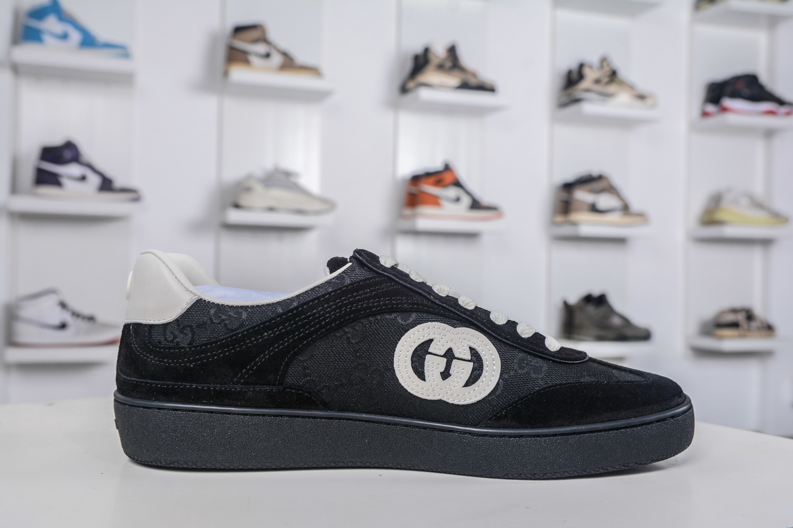 Gucci G75 Round Toe Lace-Up Sneakers in Black Suede with GG Canvas 4 cmp i1757198984755 2517 0 2