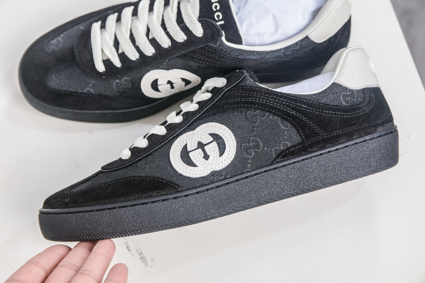 Gucci G75 Round Toe Lace-Up Sneakers in Black Suede with GG Canvas 8 cmp i1757198984756 242 0 6