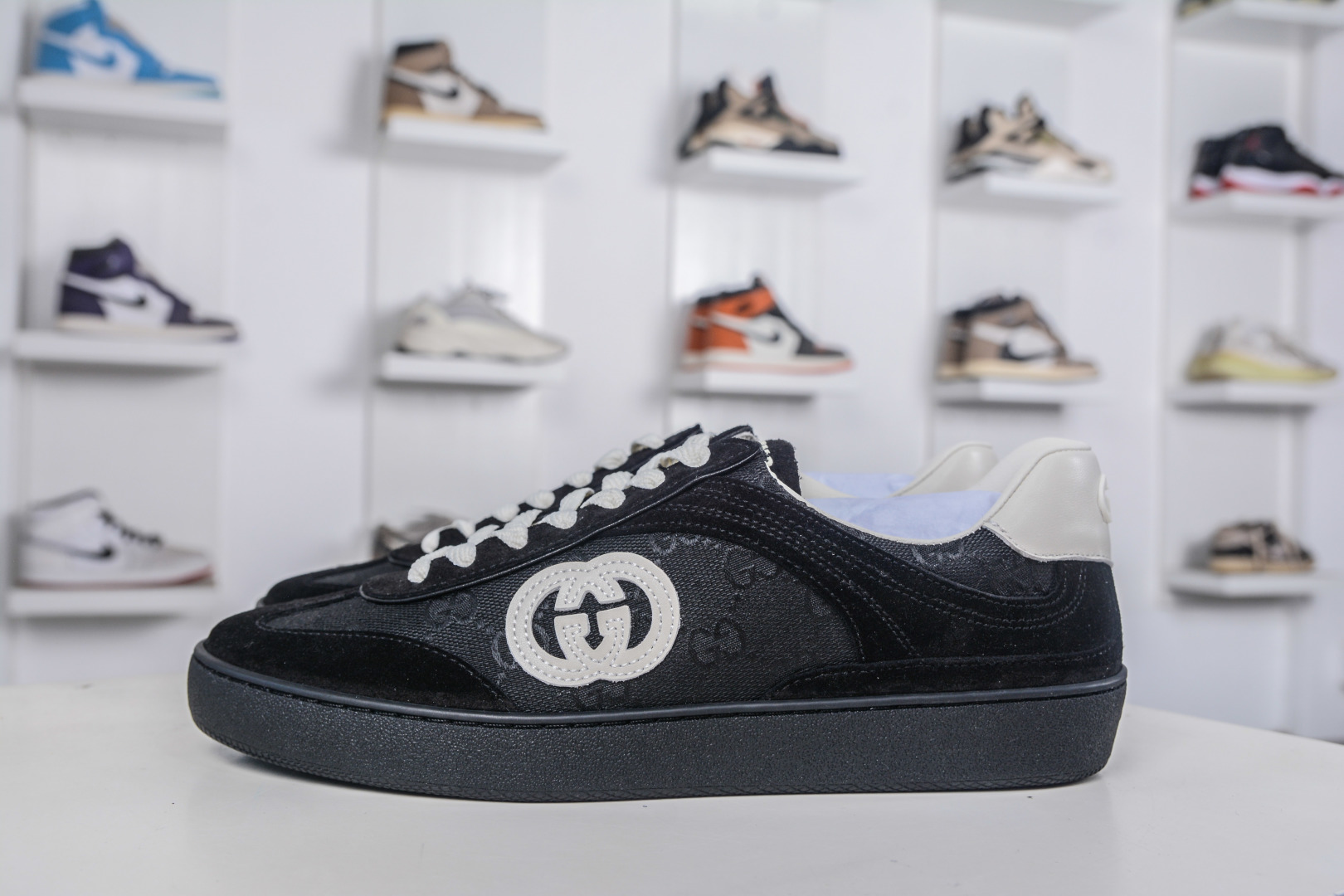 Gucci G75 Round Toe Lace-Up Sneakers in Black Suede with GG Canvas 2 cmp i1757198986247 1046 0 0