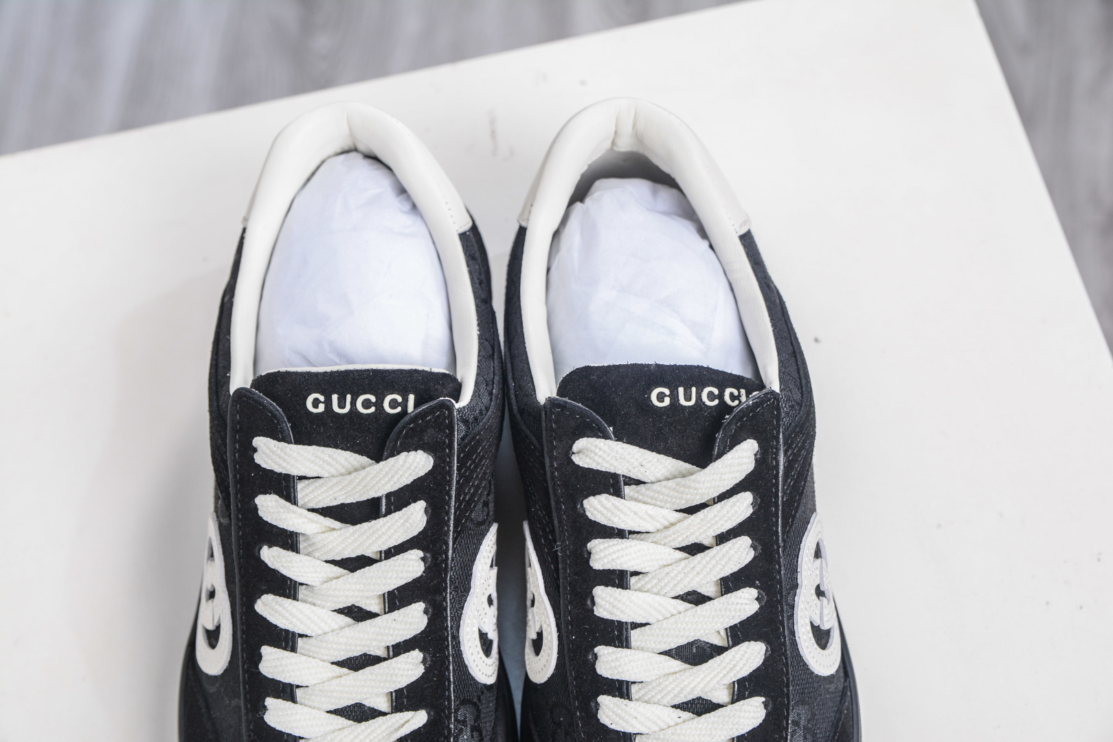 Gucci G75 Round Toe Lace-Up Sneakers in Black Suede with GG Canvas 9 cmp i1757198986247 2938 0 7