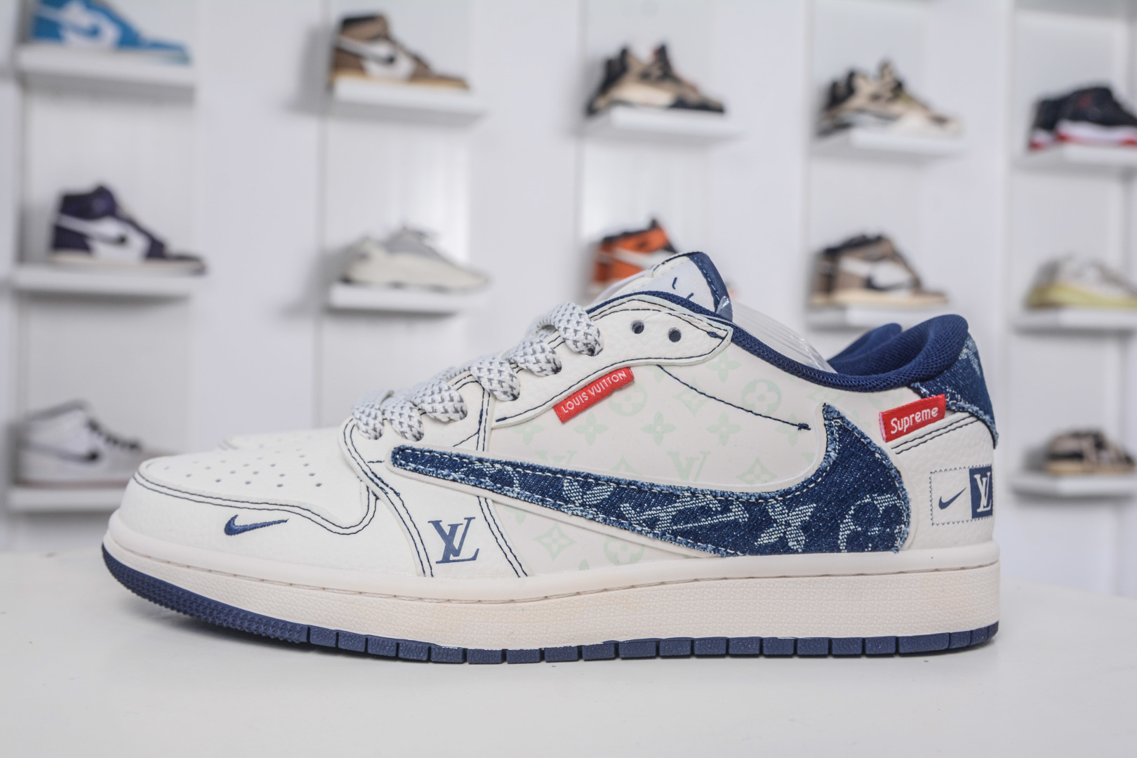 Air Jordan 1 Low Blue Denim Louis Vuitton SUP Collab Custom Sneakers