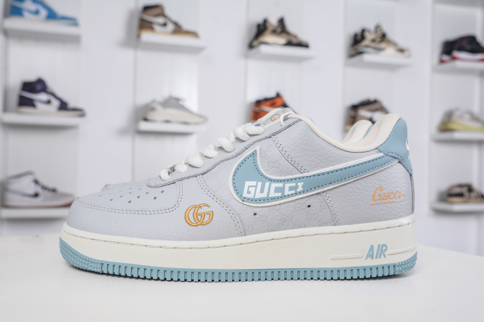 Gucci x Nike Air Force 1 Low Top Gray Blue Fashion Sneakers For Men & Women