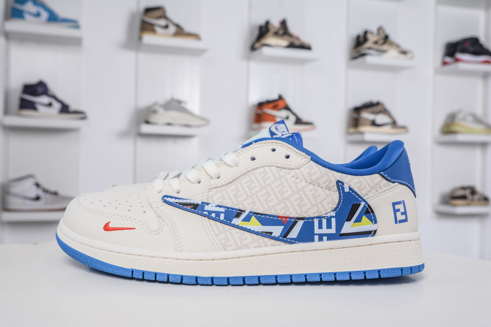TS x Air Jordan 1 Low Fendi Collab - White/Blue, Custom, Comfortable, Stylish