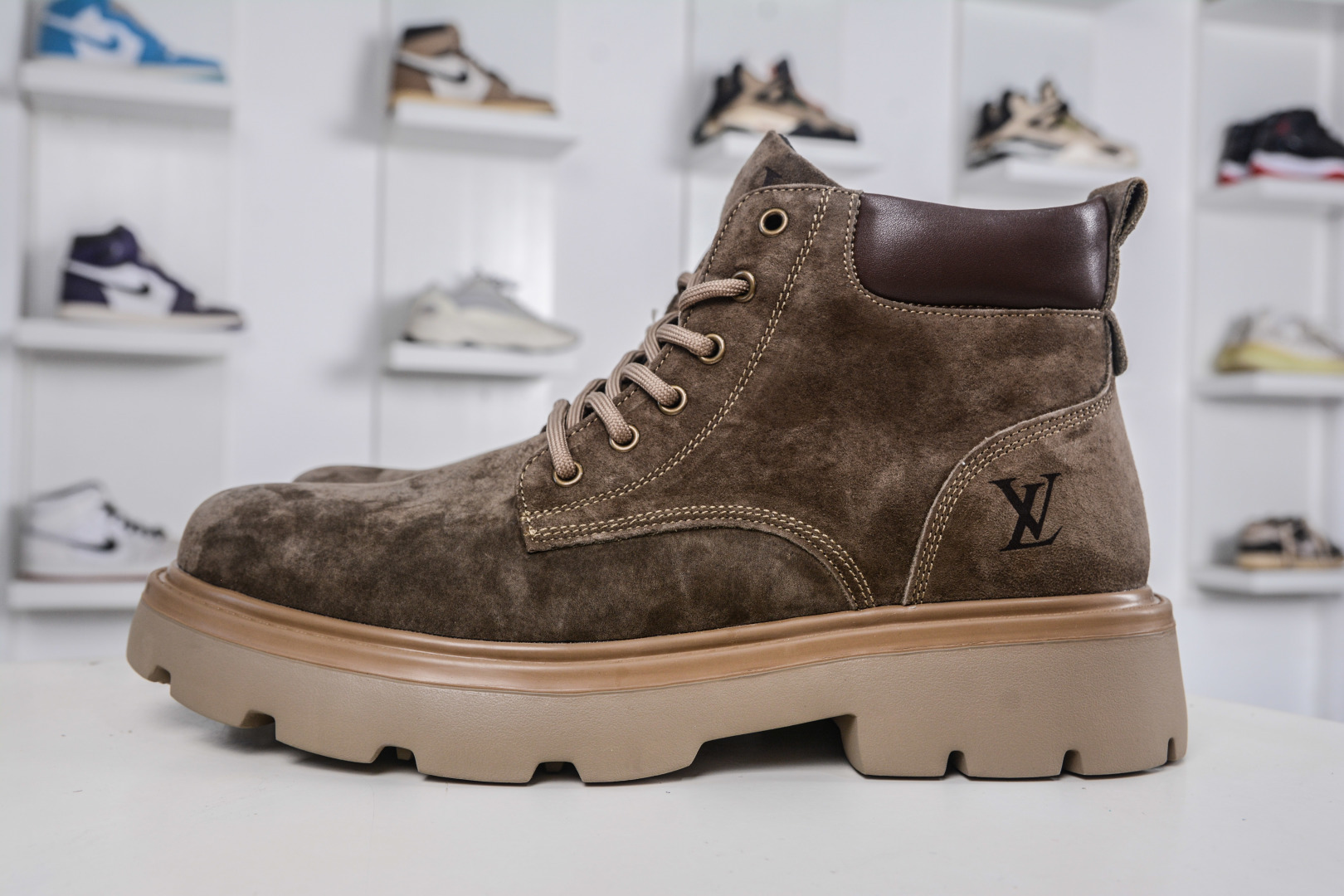 Louis Vuitton Lightweight Lug Boots with Monogram Detail in Brown Suede