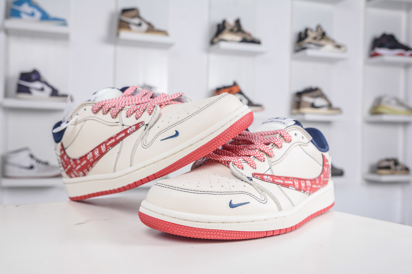 TS x Air Jordan x Balenciaga AJ1 Low 倒钩低帮联名巴黎世家-白深蓝红印花 DS2025-001