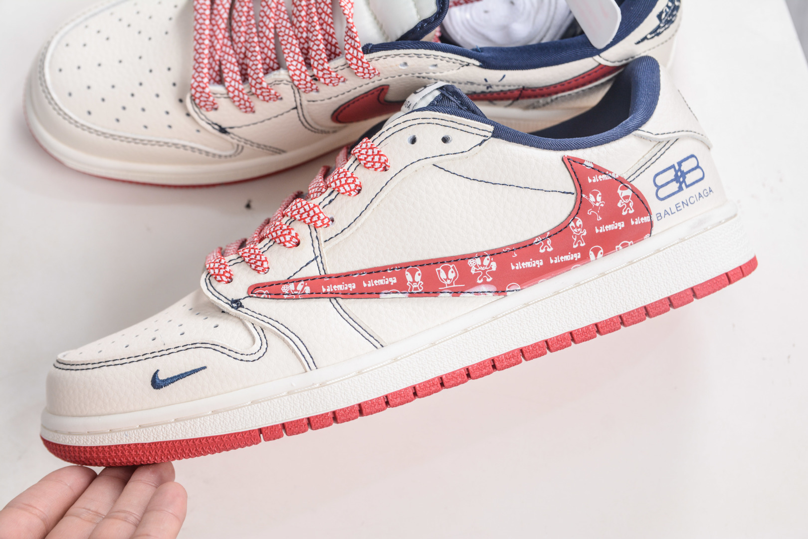 TS x Air Jordan x Balenciaga AJ1 Low 倒钩低帮联名巴黎世家-白深蓝红印花 DS2025-001