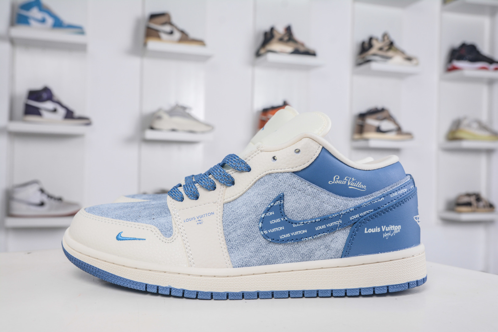 Air Jordan 1 Low x Louis Vuitton White Blue Denim Custom Sneakers