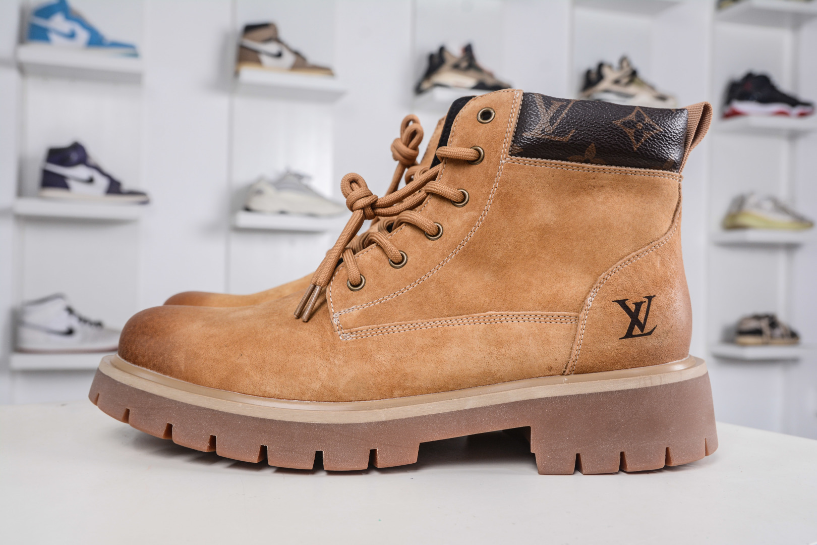 Louis Vuitton Men's Tan Suede Ankle Boots with Monogram Detail - Size 38-44