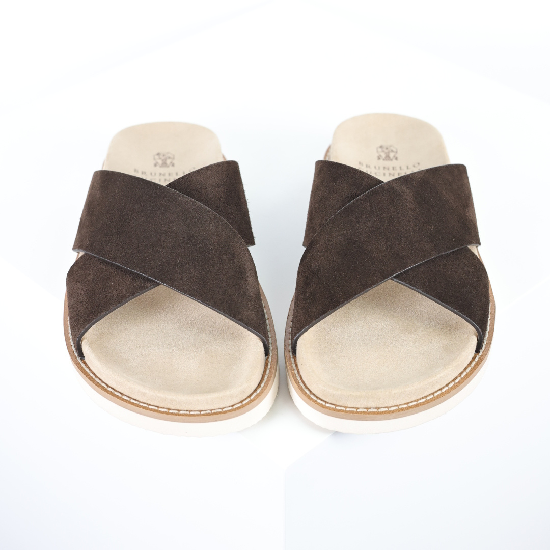 X1 版本 Brunello Cucinelli 绒面革 Bc交叉拖 棕色鞋面甄选进口牛反绒皮打造，深棕