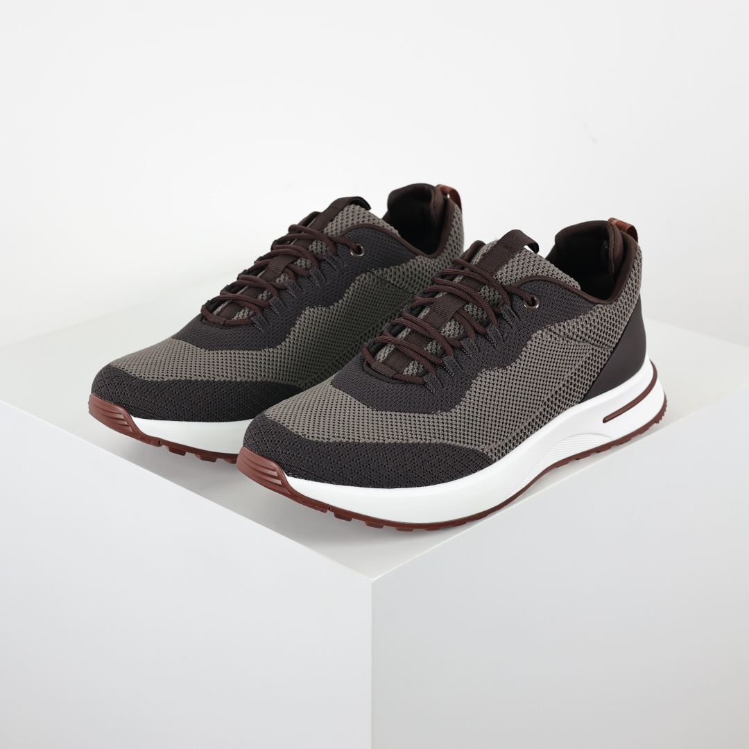 Loro Piana Week End Walk Evo 针织网面休闲运动鞋 男款牛皮革 网眼平底系带 运动鞋 黑灰/深