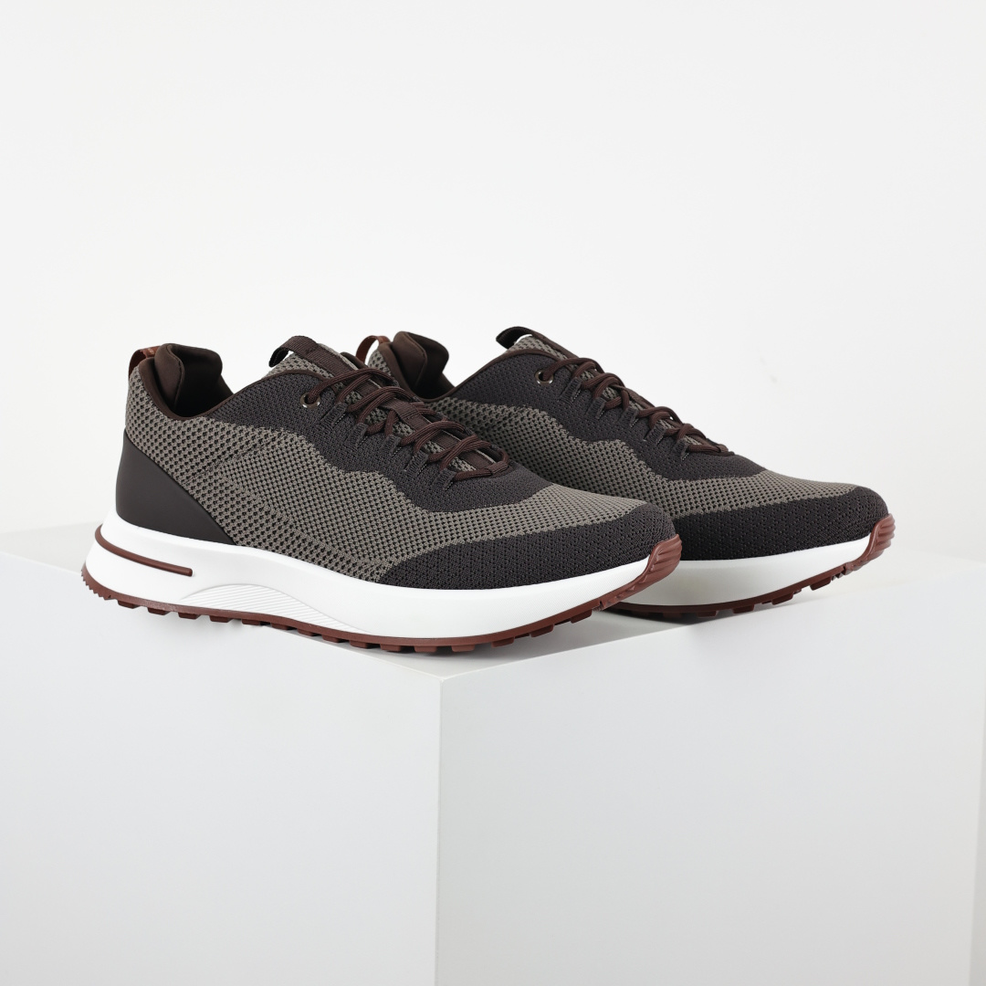 Loro Piana Week End Walk Evo 针织网面休闲运动鞋 男款牛皮革 网眼平底系带 运动鞋 黑灰/深