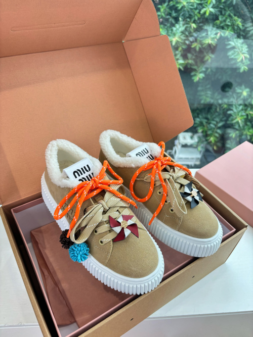 Miu Miu Women's Wool-Lined Suede Sneakers With Pinwheel and Pom-Pom