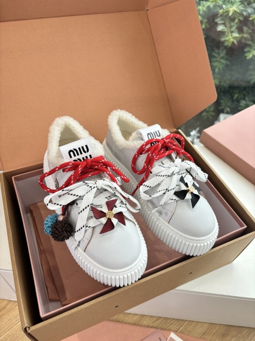 Miu Miu Women's White Wool-Lined Platform Sneakers with Decorative Accents