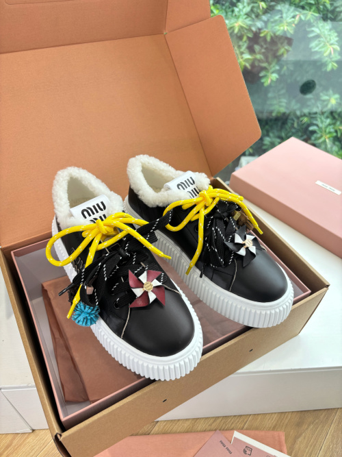 Miu Miu Women's Wool-Lined Leather Sneakers Platform Windmill Decor Shoes 1 Miu Miu Women's Wool-Lined Leather Sneakers Platform Windmill Decor Shoes