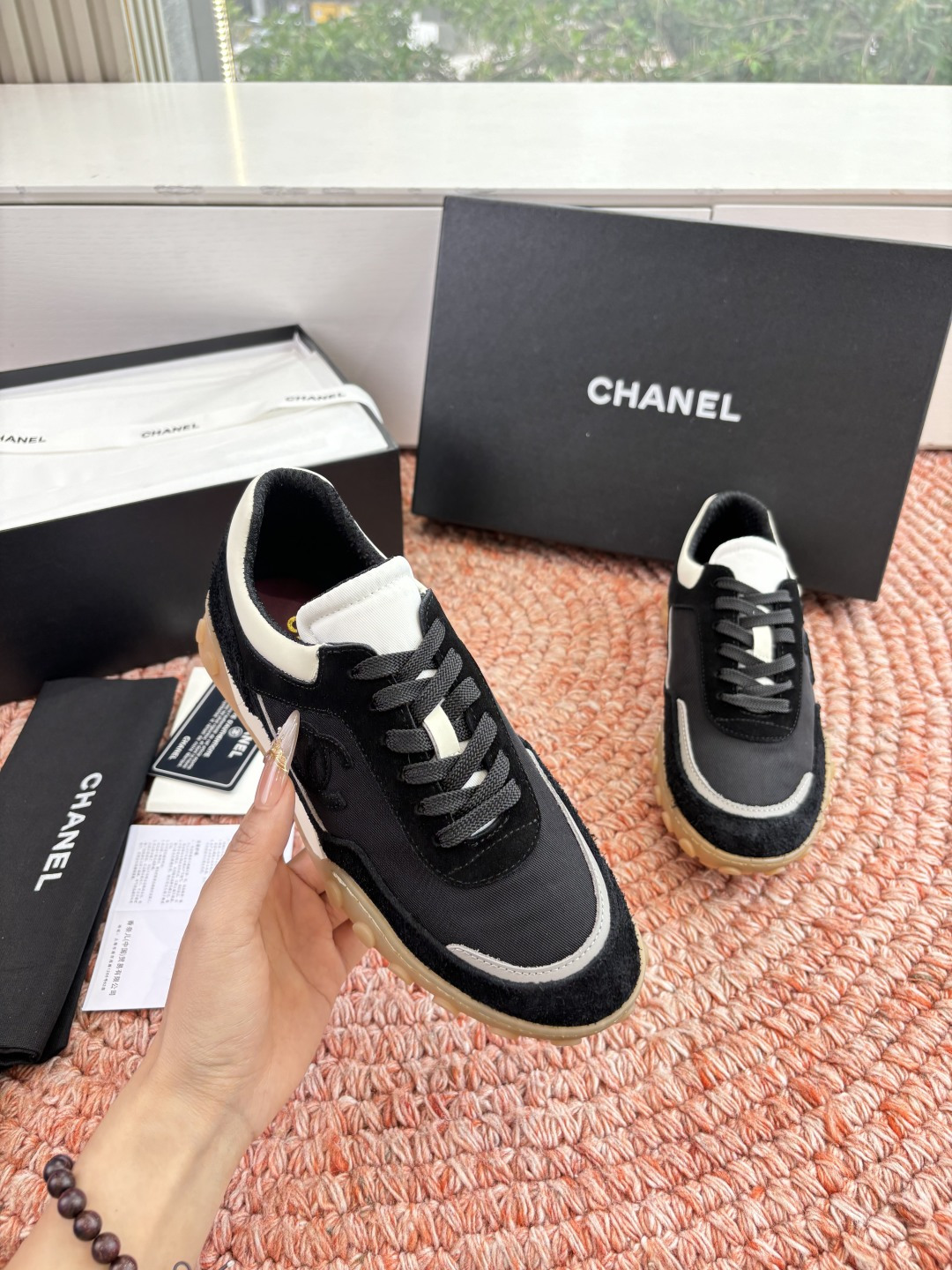 P🌾G266😀CHANEL/香奈儿2026新款小香风麂皮圆头布面运动鞋时尚增高鞋休闲鞋德训鞋面料：磨砂牛