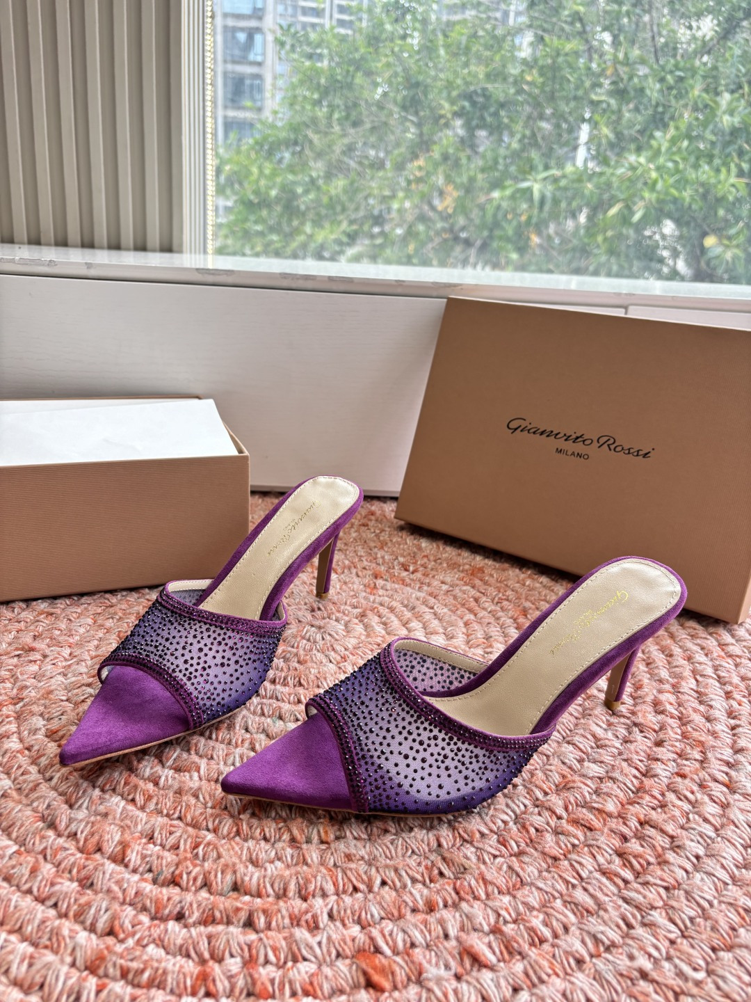 🌾G305😀GianvitoRossi吉安维托罗西网纱拖鞋凉鞋系列经典粉色羊反绒皮&粉色小羊皮超级百搭的