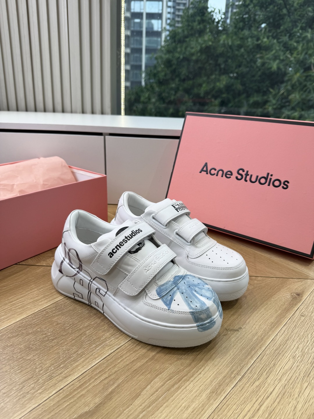 G086代购级别现货供应高版Acne Studios经典魔术贴平底笑脸真皮休闲板鞋运动女鞋小白鞋 面料：牛皮 内里：原版